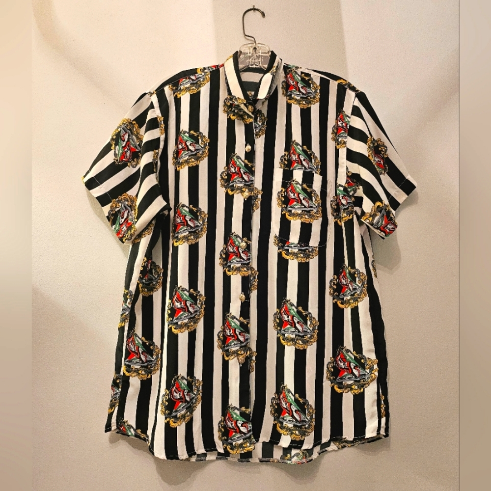 Vintage San-Ai Polyester Striped Graphic Button Down Shirt | Size Large